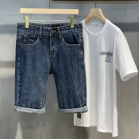 牛仔短裤男夏季薄款潮牌修身弹力五分裤子男韩版潮流纯棉牛仔中裤图片