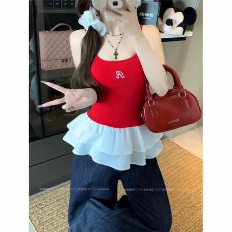 芭蕾风花边吊带背心女夏季甜辣修身显瘦内搭外穿无袖上衣图片