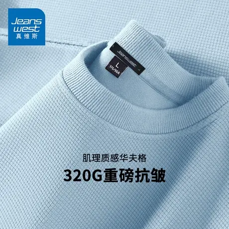 GV真维斯浅蓝色华夫格卫衣男春秋款圆领宽松上衣男生长袖套头衫D图片