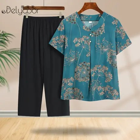 妈妈棉绸夏装新款中老年大码女装奶奶短袖T恤老年人家居服套装图片