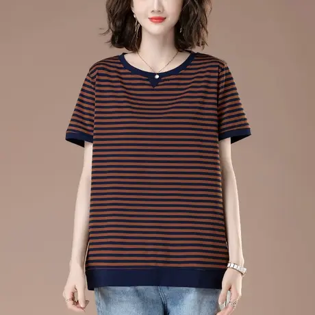 纯棉短袖T恤女条纹夏季宽松加肥加大码女装中年妈妈休闲显瘦上衣商品大图