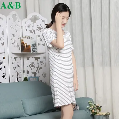 断码清仓ab女士莫代尔睡衣夏天睡裙薄款短袖条纹宽松大码家居服商品大图