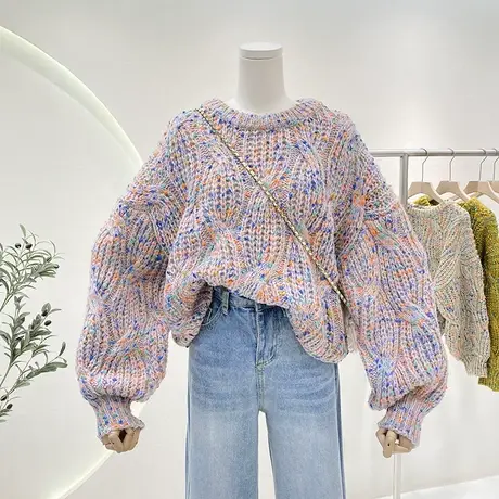 韩系粗棒针彩色针织毛线上衣秋冬百搭洋气宽松灯笼袖短款套头毛衣商品大图
