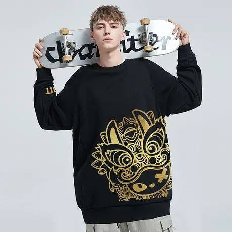 舞狮兔子卫衣男潮牌原创设计师醒狮国潮秋冬加绒加厚宽松大码圆领图片