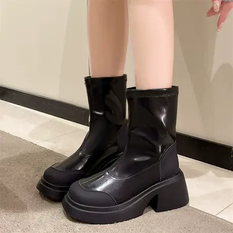 黑色高跟马丁靴女春秋2023新款百搭粗跟显瘦英伦风小众切尔西短靴图片