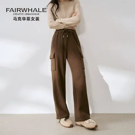 马克华菲醋酸休闲裤女2025新款春秋季加绒直筒卫裤运动工装阔腿裤图片