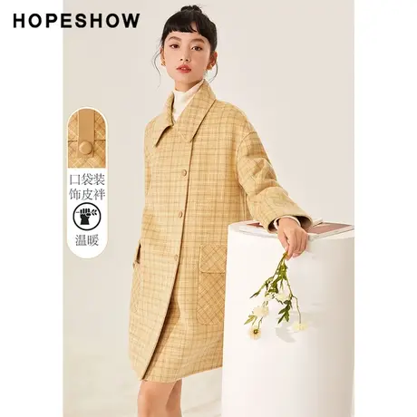 红袖outlets韩系格纹落肩双面呢大衣hopeshow冬季新款翻领外套商品大图
