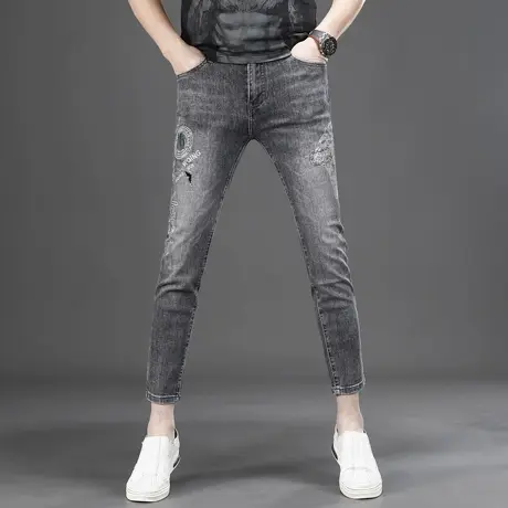 刺绣九分牛仔裤男薄款夏季修身小脚2025新款浅色弹力男士裤子9分商品大图
