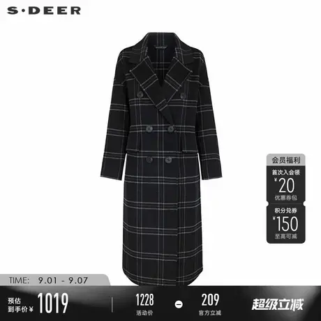 sdeer圣迪奥冬季女装西装领格纹直筒双面呢大衣S23482512商品大图