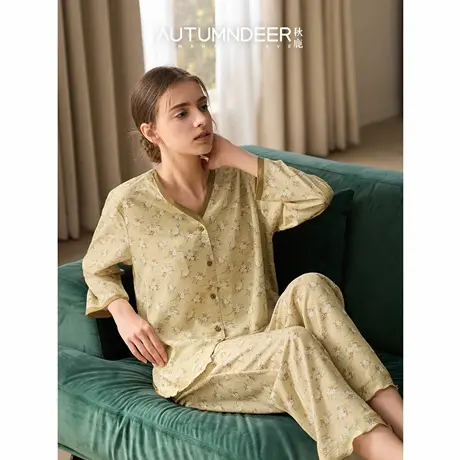 新品秋鹿针织碎花睡衣女款100纯棉女士2025新款可外穿家居服春秋商品大图