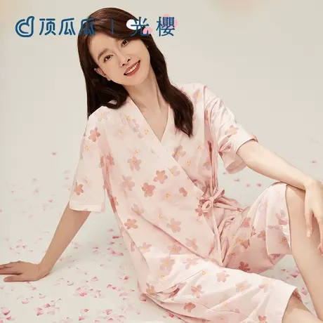 顶瓜瓜春夏季纯棉浴袍睡衣开襟短袖短裤甜美印花家居服套装商品大图
