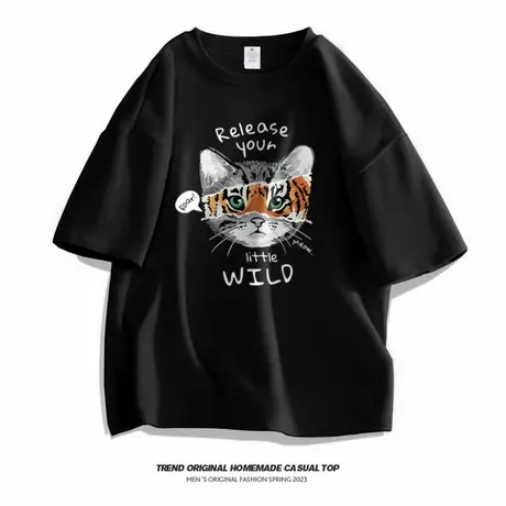 夏季短袖男生创意猫印花潮牌ins纯棉百搭休闲衣服男款复古宽松t恤商品大图