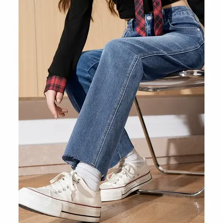 唐狮春季新款女牛仔裤女弹力显瘦直筒百搭毛边烟管裤洗水九分裤TD图片