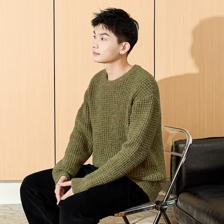 唐狮冬季新款男士毛衣圆领复古日系慵懒风休闲粗肌理针织衫潮TD图片
