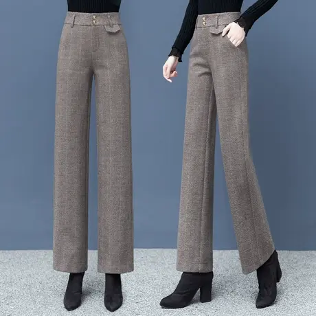 人字纹毛呢阔腿裤女2023秋冬季新款高腰两粒扣宽松直筒裤显瘦裤子商品大图