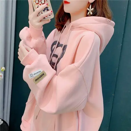 2023年秋冬新款加绒加厚粉色卫衣女宽松慵懒风洋气百搭炸街外套潮图片