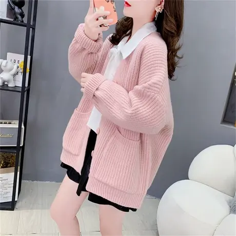 中长款慵懒风V领毛衣外套女春秋2023年新款韩版宽松外穿针织开衫商品大图