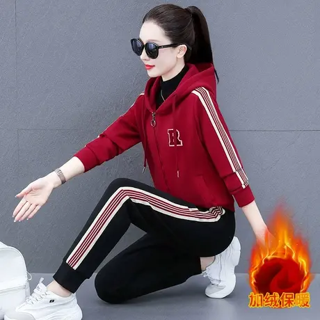 加绒加厚休闲运动服套装女秋冬2023新款时尚连帽卫衣运动裤两件套商品大图