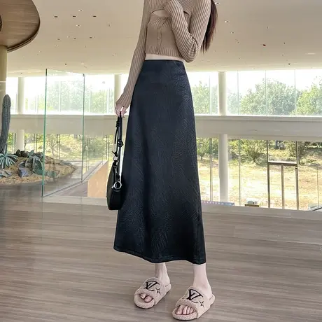 褶皱肌理感半身裙女冬季高腰宽松休闲a字显瘦鱼尾裙垂感开叉长裙图片