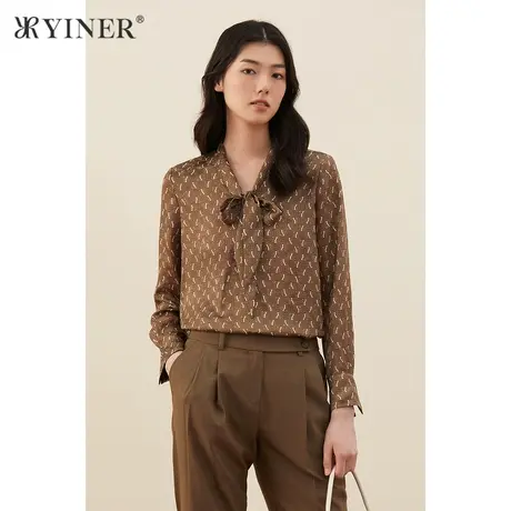 YINER音儿商场同款女装2021秋季新款印花修身长袖衬衫商品大图