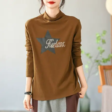 dza复古高领薄绒T恤女士秋冬内搭长袖上衣宽松休闲体恤纯棉打底衫商品大图