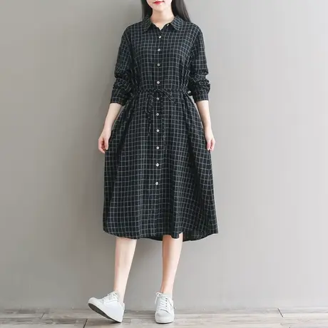 胖妹妹春装复古宽松纹格连衣裙 加大码2022新款文艺衬衫裙200斤女商品大图