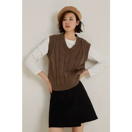 弥古咖色v领毛衣马甲女2023新款秋冬毛线背心气质法式针织衫上衣图片
