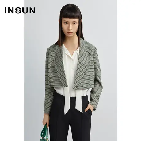 恩裳商场同款秋季潮流混色格纹经典截短式通勤西装外套女图片