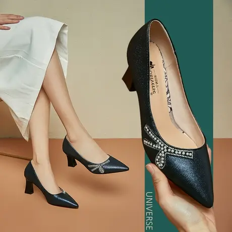 年黑色单鞋上班族全皮软底女鞋防滑单鞋珍珠鞋子水钻高跟鞋女图片