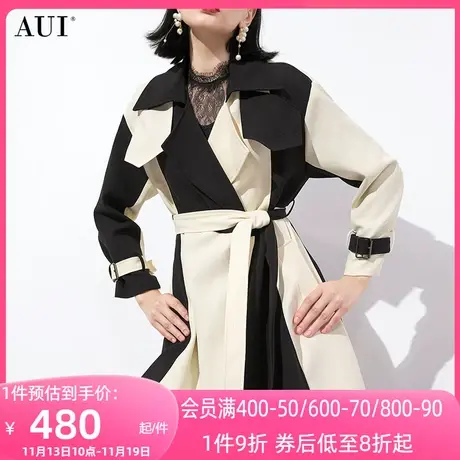 AUI黑拼杏色过膝长款风衣外套女2023冬新款气质高端收腰修身大衣商品大图