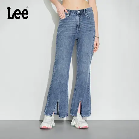 Lee商场同款新品427高腰微喇开叉中蓝色复古休闲女牛仔长裤LWB100图片
