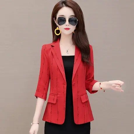 2023秋装新品七分袖小西装女薄款外套短款韩版小个子条纹西服上衣图片