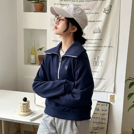 唐狮秋季polo翻领女卫衣半拉链新款美式复古上衣短款小个子商品大图