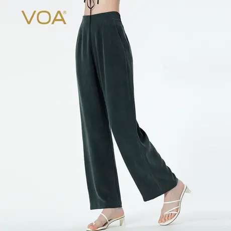 VOA真丝重磅40姆米墨绿后腰松紧斜插口袋砂洗工艺简约百搭休闲裤图片