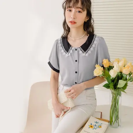桔熊夏季韩版可爱撞色蕾丝娃娃领雪纺衬衫短袖上衣女大码AB15751商品大图