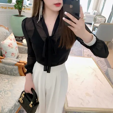 雪纺衫女2024年夏季小衫女长袖洋气修身时尚性感韩版透视衬衫女图片
