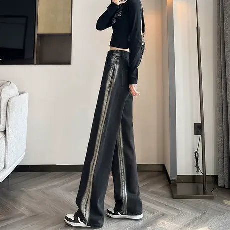拼色阔腿牛仔裤女2024春秋复古黑色垂感长裤高腰显瘦宽松拖地裤子图片