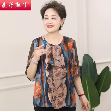 妈妈夏装T恤衫洋气花色女士上衣2022新款气质上衣50岁中老年女装商品大图