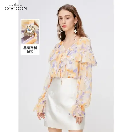 MISSCOCOON法式碎花雪纺衬衫女2023新款春装设计感小众荷叶边上衣商品大图