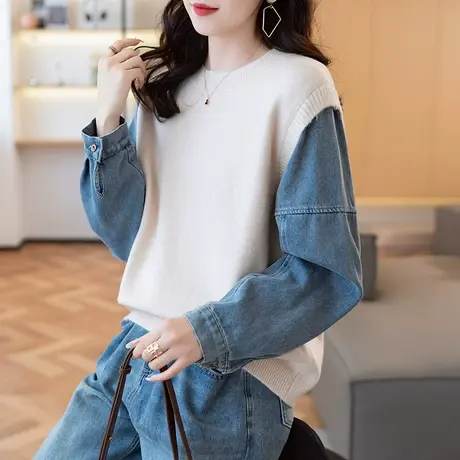 2023秋冬新款韩版宽松拼接牛仔袖圆领女毛衣宽松套头针织衫学院风商品大图