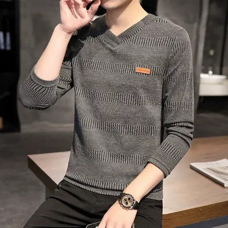 长袖t恤男士2023春季新款韩版潮流男装修身青年打底衫薄款V领上衣商品大图