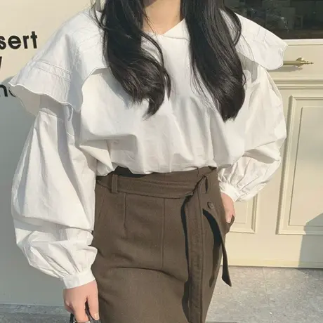 早秋新大娃娃领甜美白色长袖衬衫女韩版宽松大码休闲松学院风衬衣商品大图