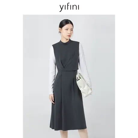 Yifini/易菲无袖高腰气质连衣裙女秋季新款高级感中长款裙子图片
