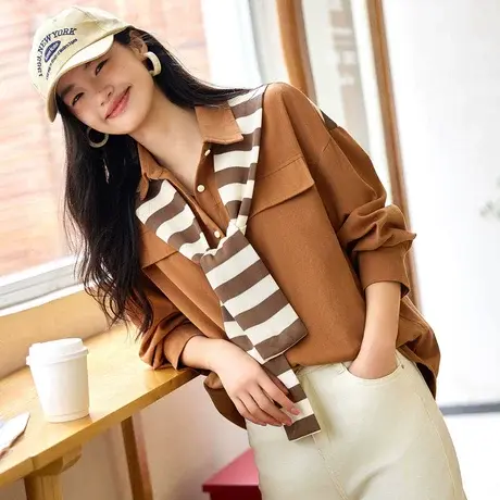 时尚气质衬衫2023年秋季新款女士假两件披肩宽松百搭文艺长袖上衣商品大图