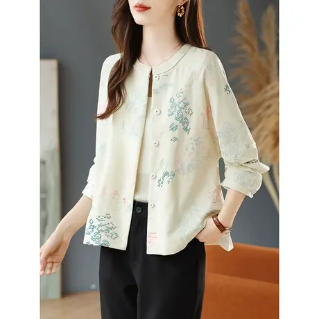 宝诗黎圆领刺绣宽松短外套女早秋薄款单排扣开衫2023新款外搭上衣商品大图