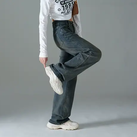 yep复古高腰牛仔阔腿裤2023春秋直筒裤女宽松休闲裤子蓝色拖地裤商品大图