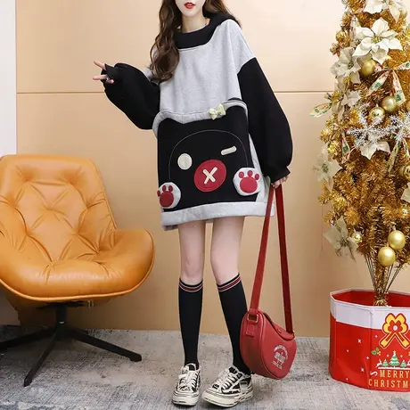 加绒加厚连帽卫衣女中长款2024新款春季宽松休闲百搭oversize外套图片