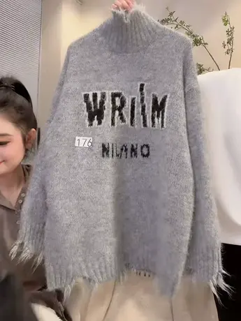 高龄字母毛衣女秋冬新款宽松慵懒风设计感时尚套头针织衫百搭上衣图片