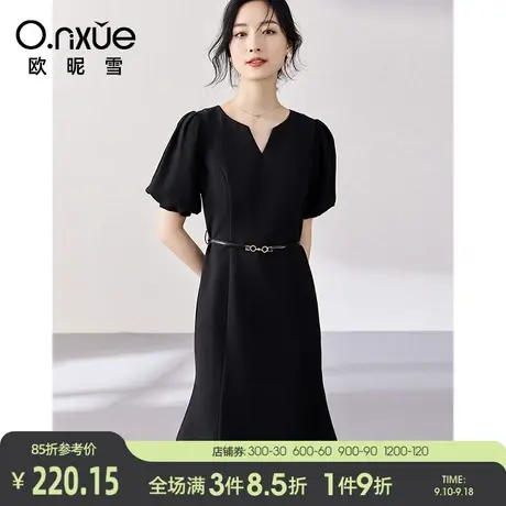 欧昵雪2023夏季新款连衣裙女气质V领灯笼短袖高腰修身显瘦鱼尾裙图片