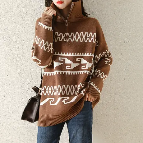 立领毛衣女秋冬季2023新款宽松慵懒风套头针织衫韩版潮上衣外套商品大图